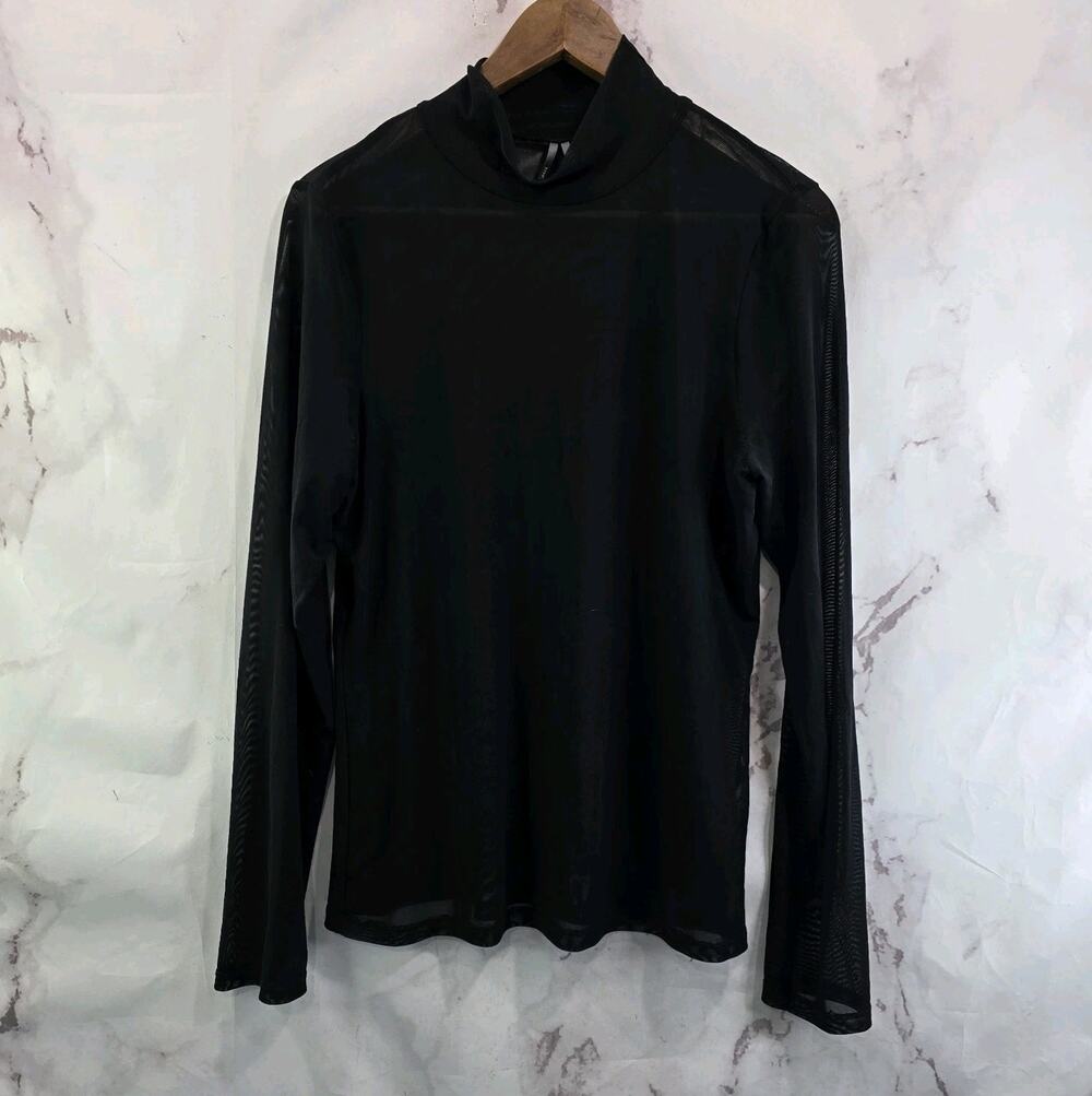 By Anthropologie Shirt Womens Large Black Mesh Sheer Turtleneck Blouse Long